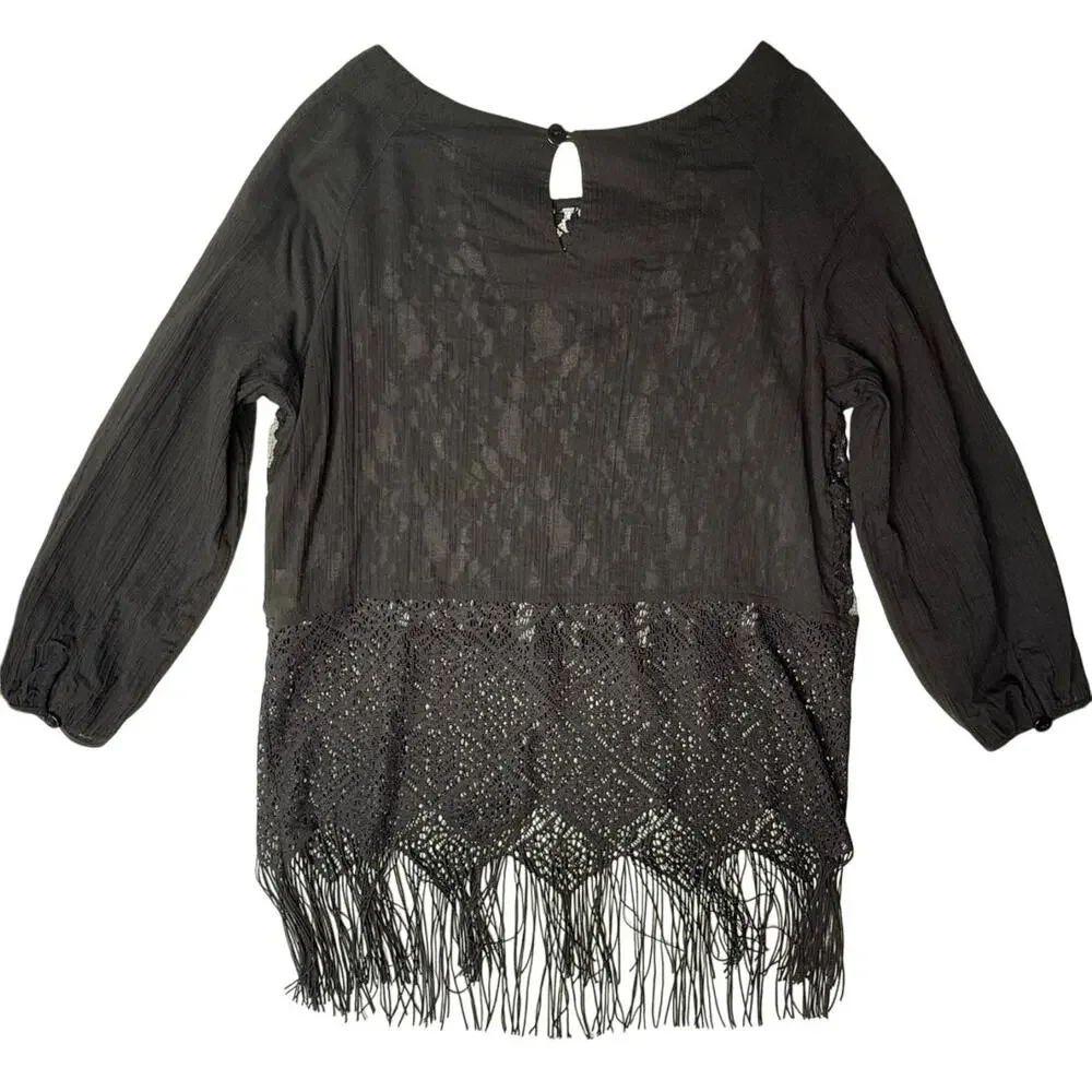 Free People Windows of Lace Black Fringe Sheer Top - Picture 3 of 7
